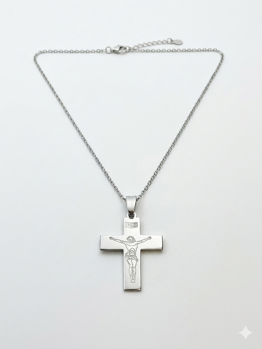 Men’s Minimalist 925 Sterling Silver Engraved Crucifix Necklace