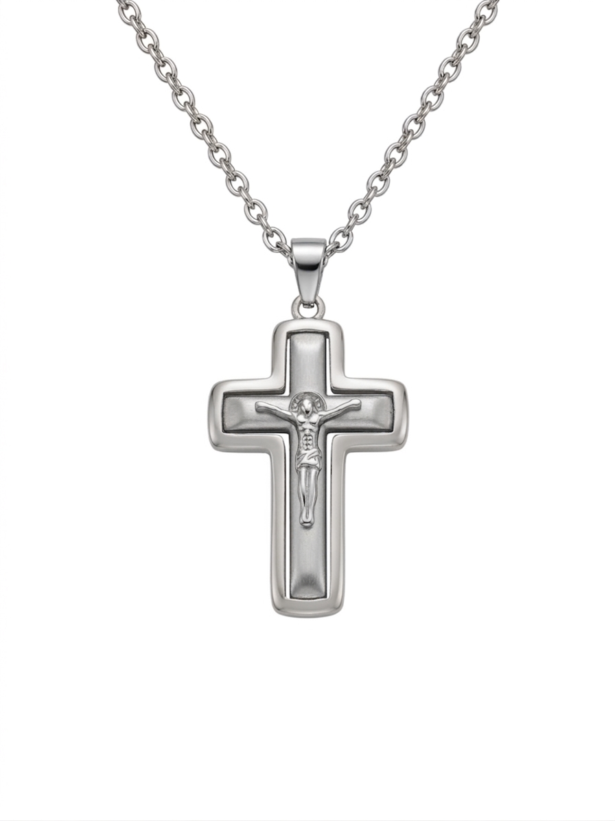 Men’s Matte and Polished 925 Sterling Silver Crucifix Necklace