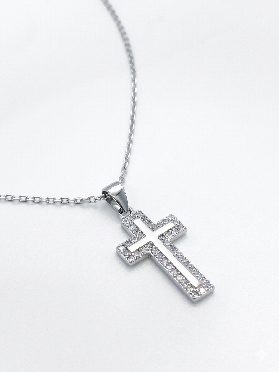 Women’s Sparkling 925 Sterling Silver Cross Necklace with White Zirconia