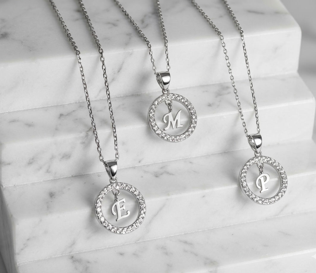 Women’s 925 Sterling Silver Initial Round Pendant Necklace, Available in any letter upon request