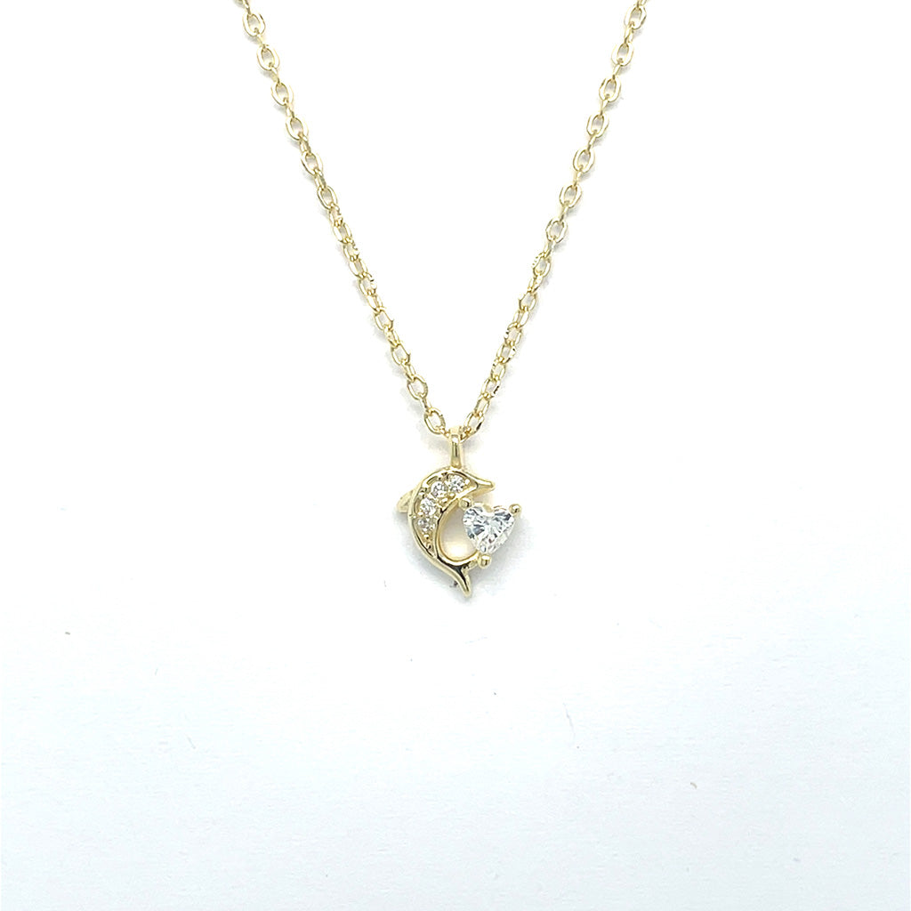 Women's Gold Plated 925 Sterling Silver Dolphin and Heart Necklace