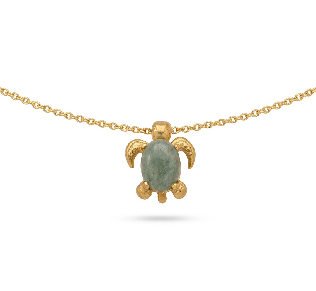 Gold-Plated Silver Turtle Pendant Necklace with Pink or Green Cat-Eye Stone