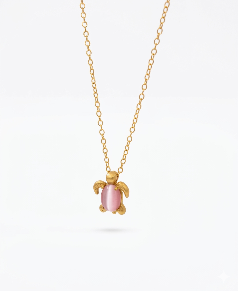 Gold-Plated Silver Turtle Pendant Necklace with Pink or Green Cat-Eye Stone