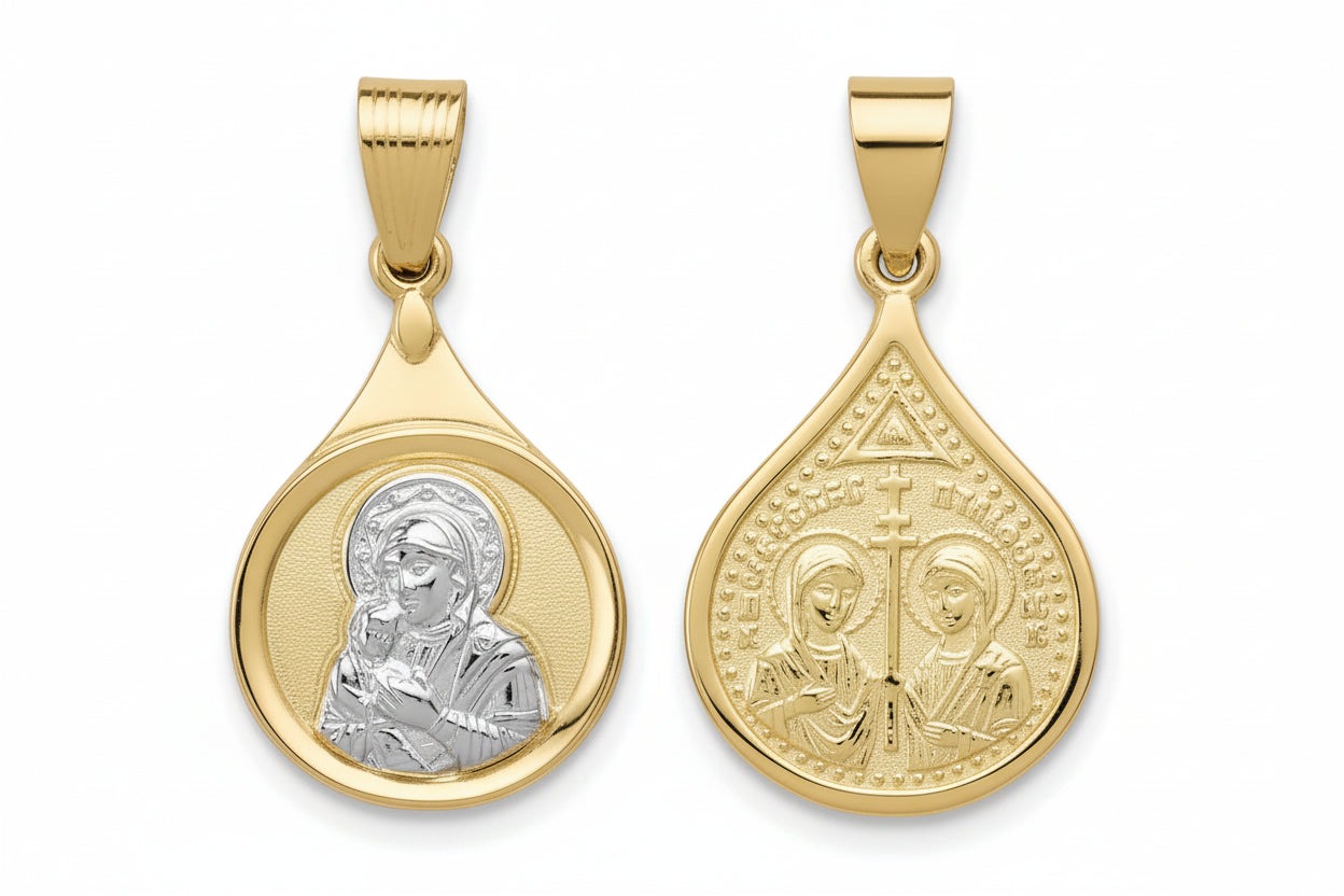 Double-Sided Virgin Mary Drop Pendant, 14K Gold