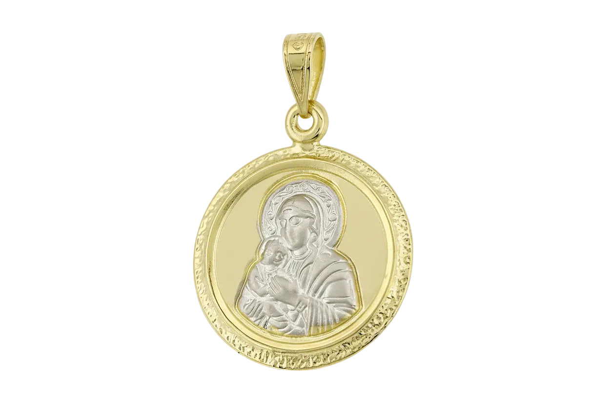 Children’s Round Virgin Mary Pendant, 14K Gold