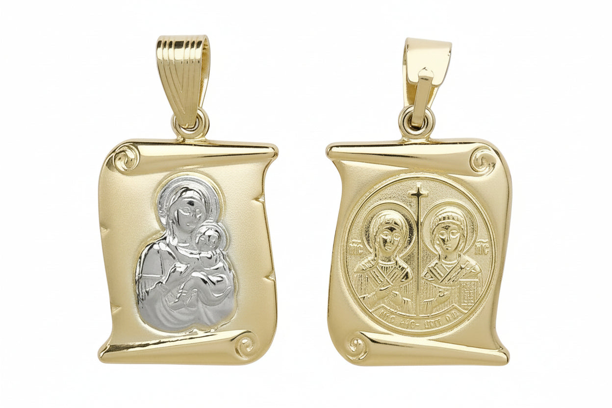 Double-Sided Parchment-Style Gold Virgin Mary Pendant, 14K Gold