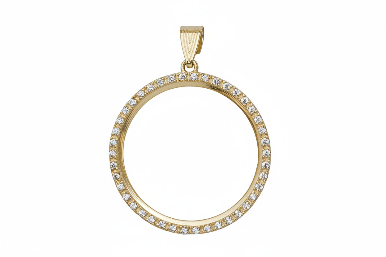 Gold Coin Holder Pendant with White Zircon, 14K Gold