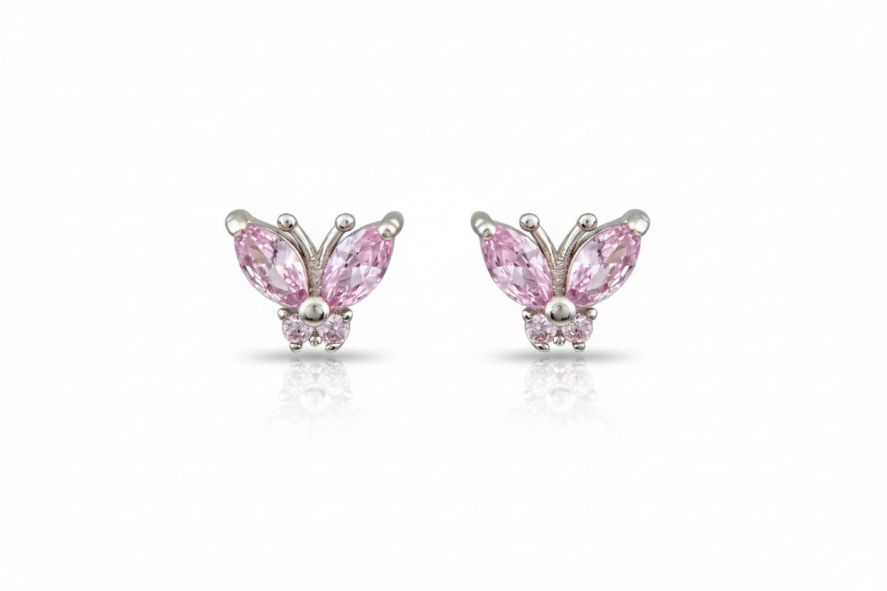 Silver Butterfly Set with Pink and White Zircon Stones, 925 Sterling Silver