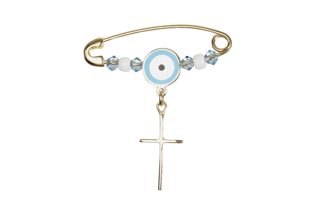 Gold Safety Pin with Cross and Enamel, 14K Gold