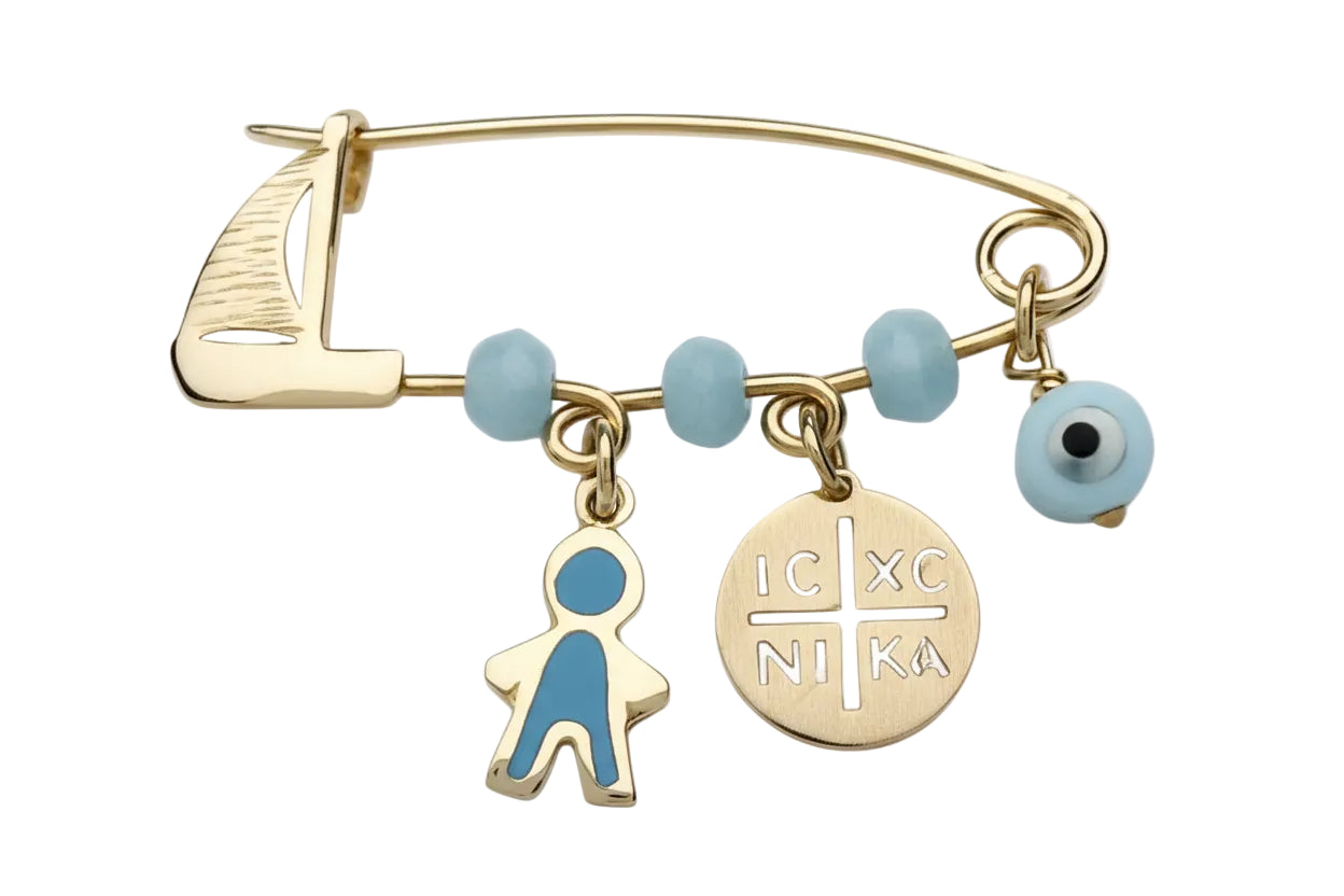 Gold Ship Safety Pin with Boy in Light Blue Enamel and IC XC NI KA, 14K Gold
