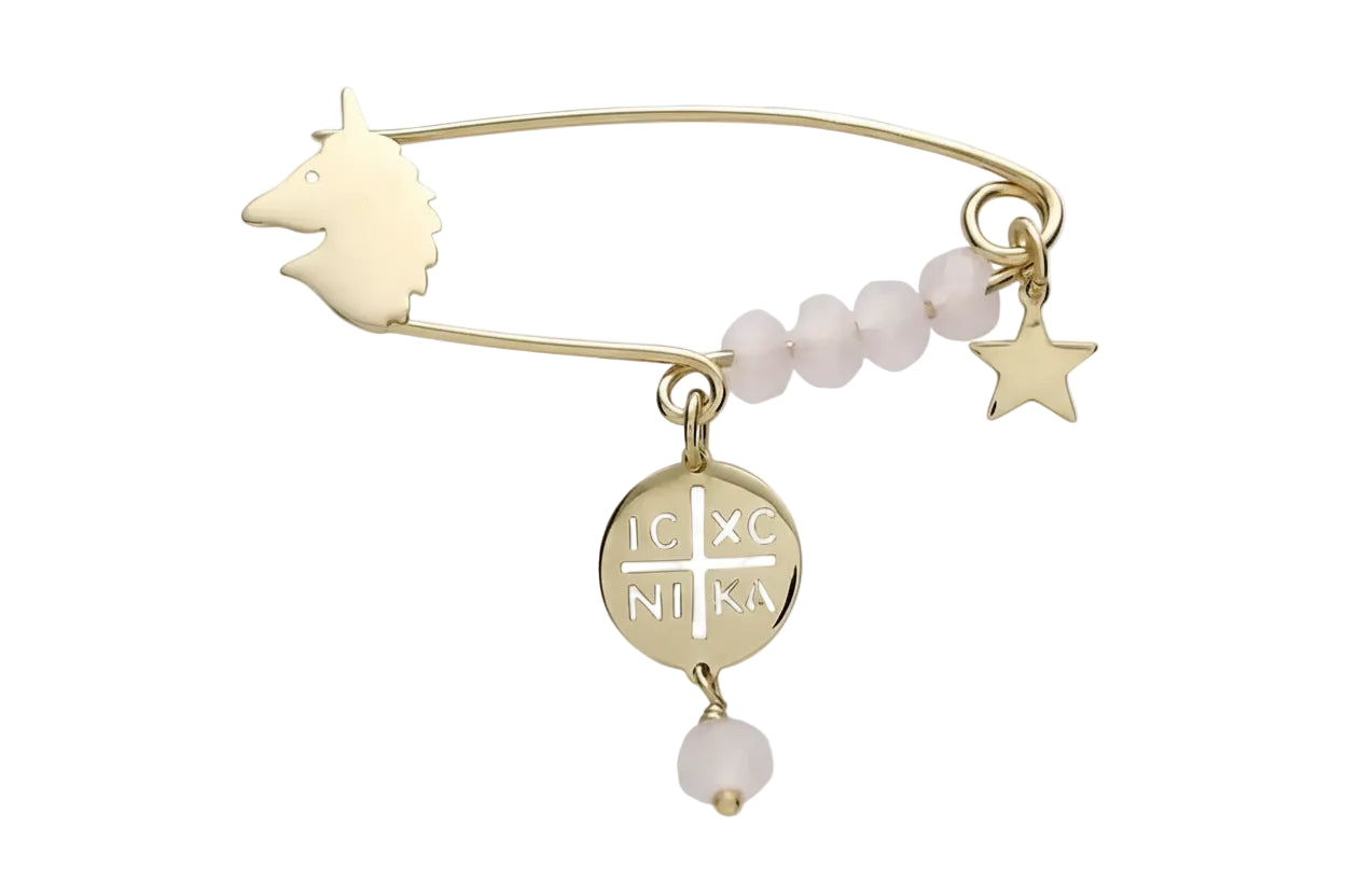 Gold Unicorn Safety Pin IC XC NI KA with Pink Stones and Star, 14K Gold