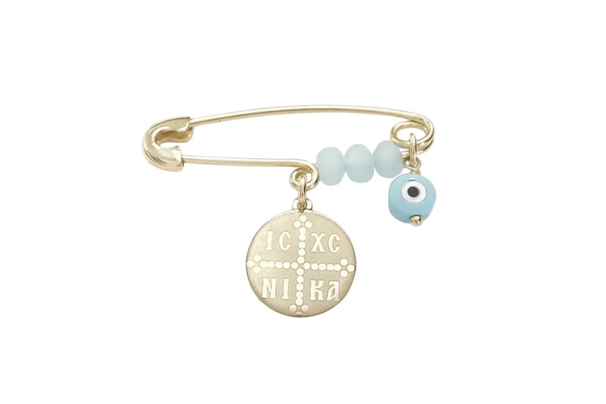 Gold Safety Pin with Konstantinato and Light Blue Stones, 14K Gold