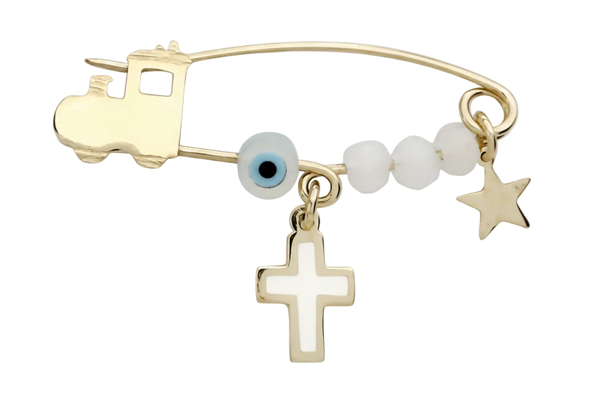 Gold Train Safety Pin with Mother-of-Pearl Evil Eye, Cross in White Enamel and Star, 14K Gold