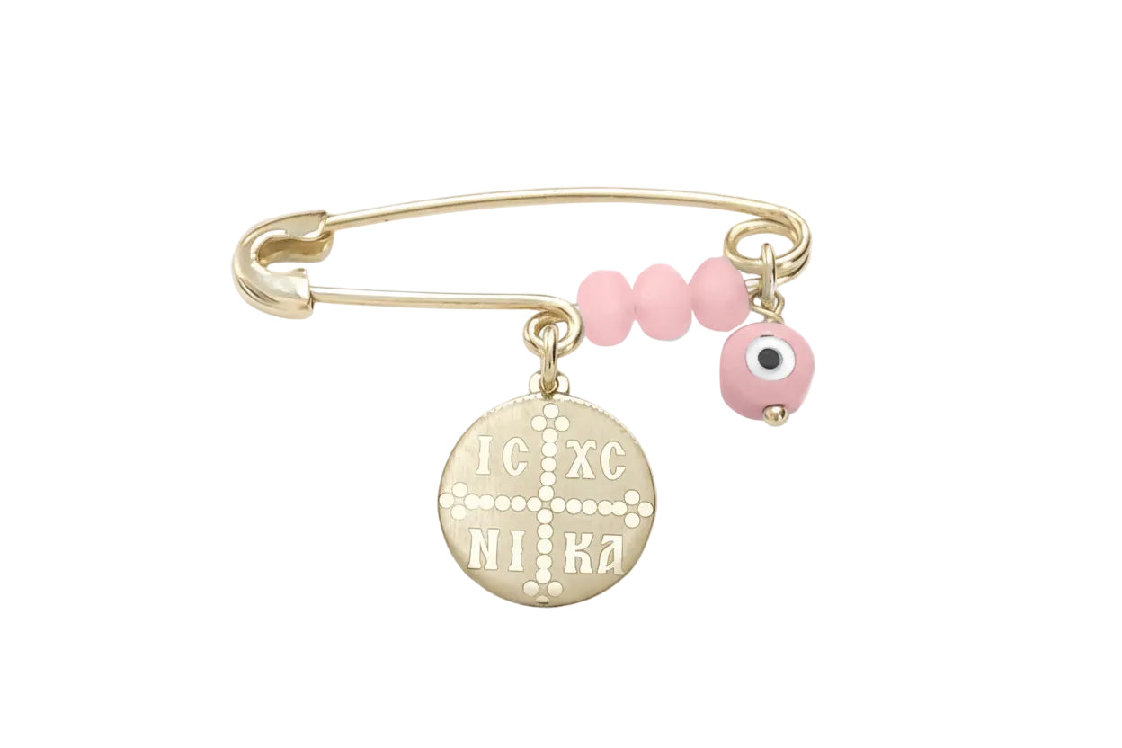 Gold Safety Pin with Konstantinato and Pink Stones, 14K Gold