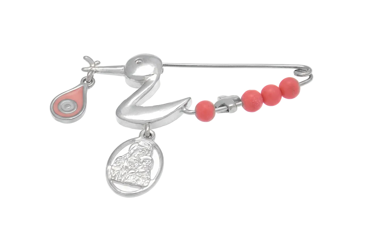 Children’s Silver Safety Pin with Stork, Virgin Mary Charm, Cross and Enamel Evil Eye, 925 Sterling Silver