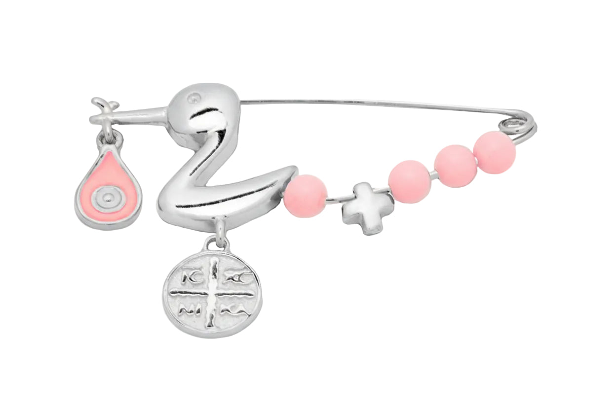 Children’s Silver Safety Pin with Stork, Konstantinato, Cross and Enamel Evil Eye, 925 Sterling Silver