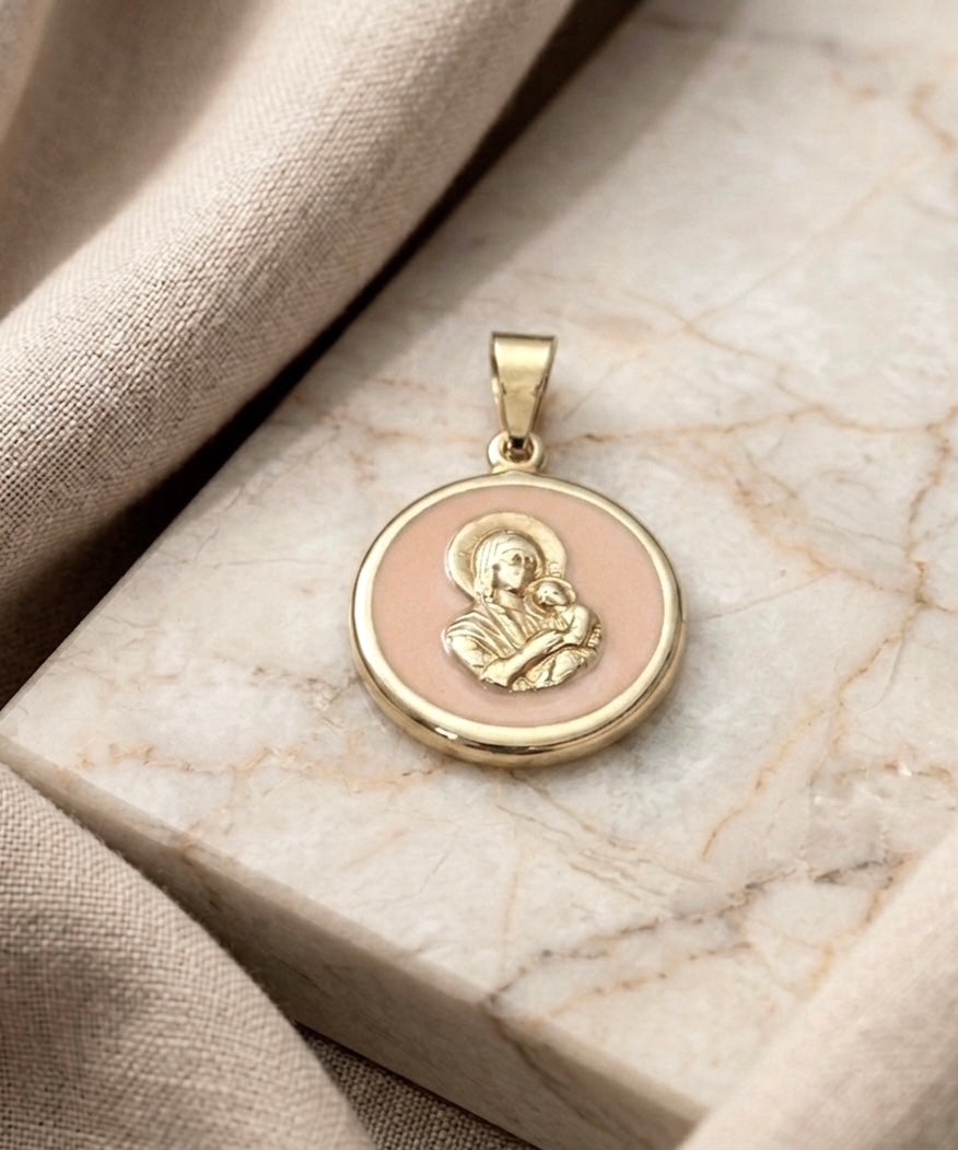 Gold Virgin Mary and Child Pendant with Pink Enamel, 14K Gold