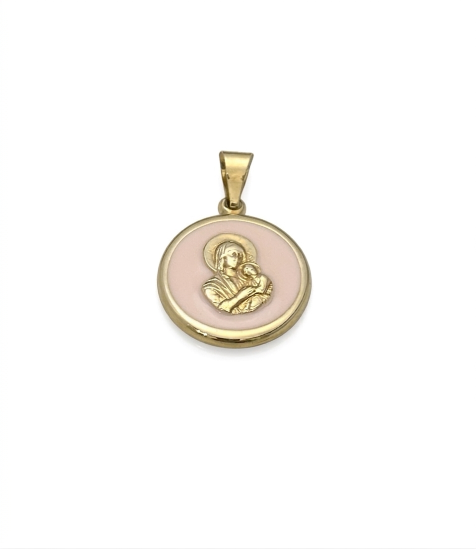 Gold Virgin Mary and Child Pendant with Pink Enamel, 14K Gold