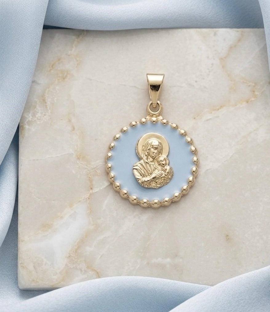 Beaded Gold Virgin Mary and Child Pendant with Blue Enamel, 14K Gold