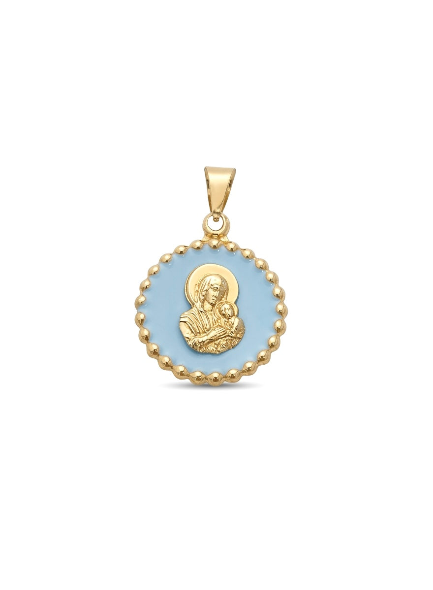 Beaded Gold Virgin Mary and Child Pendant with Blue Enamel, 14K Gold