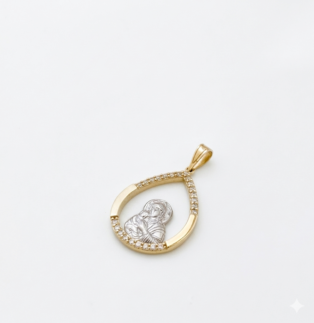 Girl’s Teardrop Two-Tone Gold Virgin Mary Pendant with Zirconia, 14K Gold