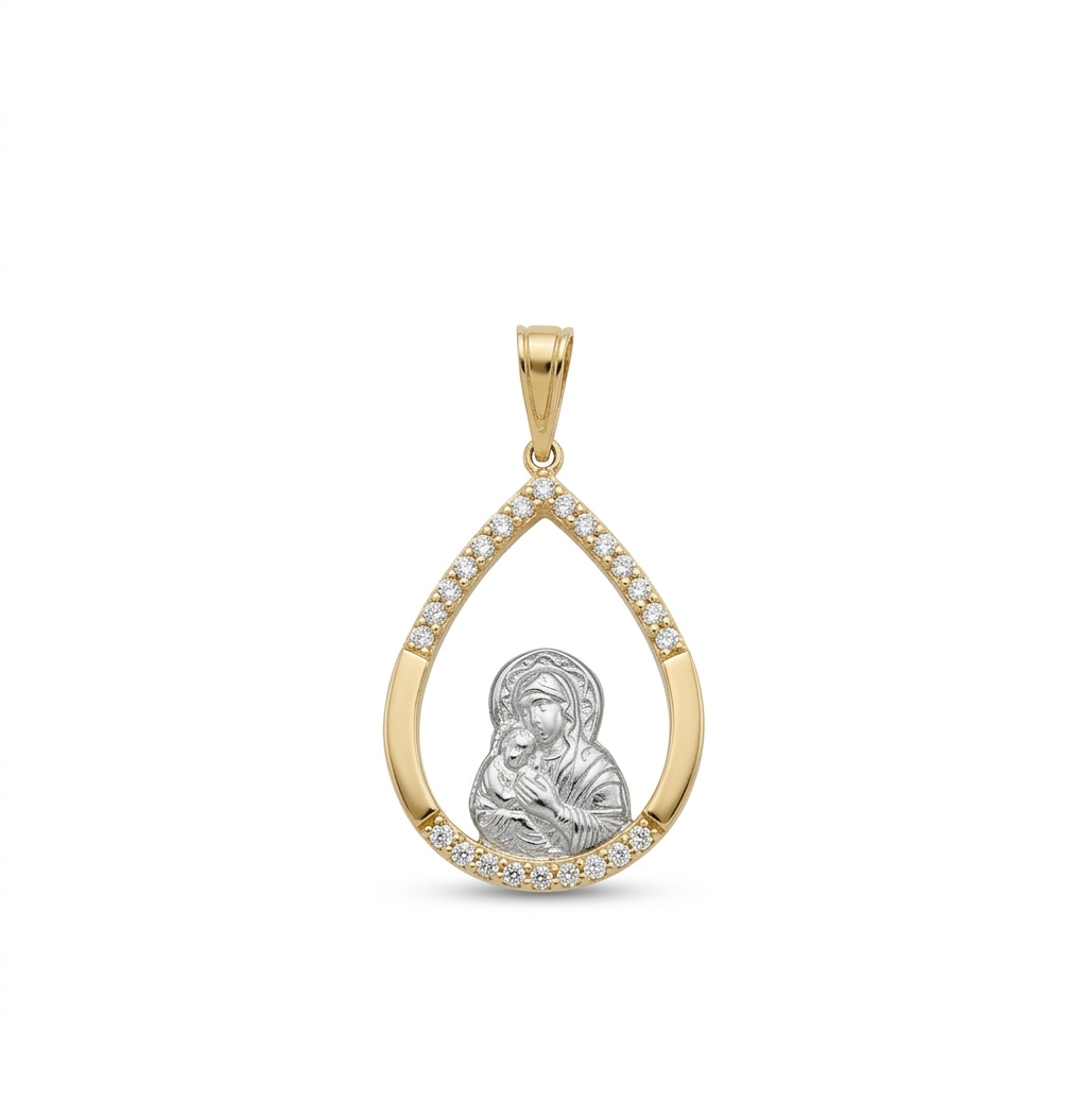 Girl’s Teardrop Two-Tone Gold Virgin Mary Pendant with Zirconia, 14K Gold