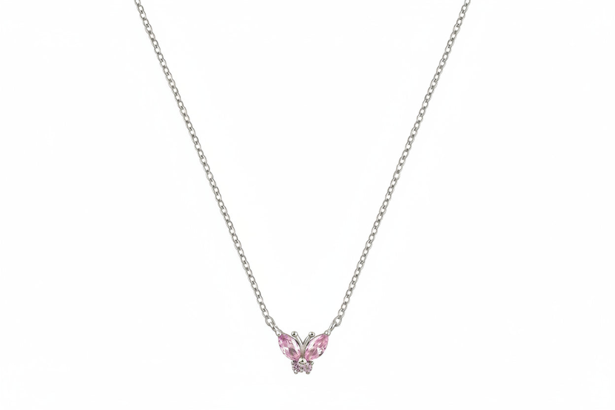 Silver Butterfly Set with Pink and White Zircon Stones, 925 Sterling Silver