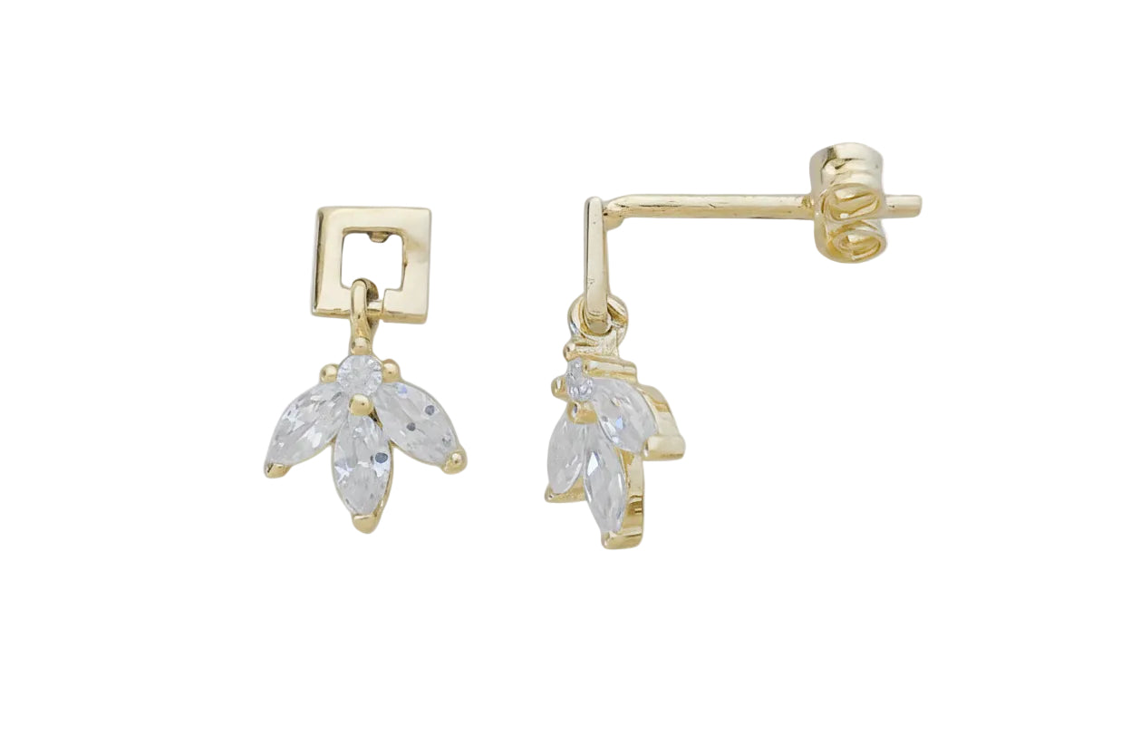 Χρυσά σκουλαρίκια τετράγωνο λουστρέ με τριπλό νυχάκι, Κ14