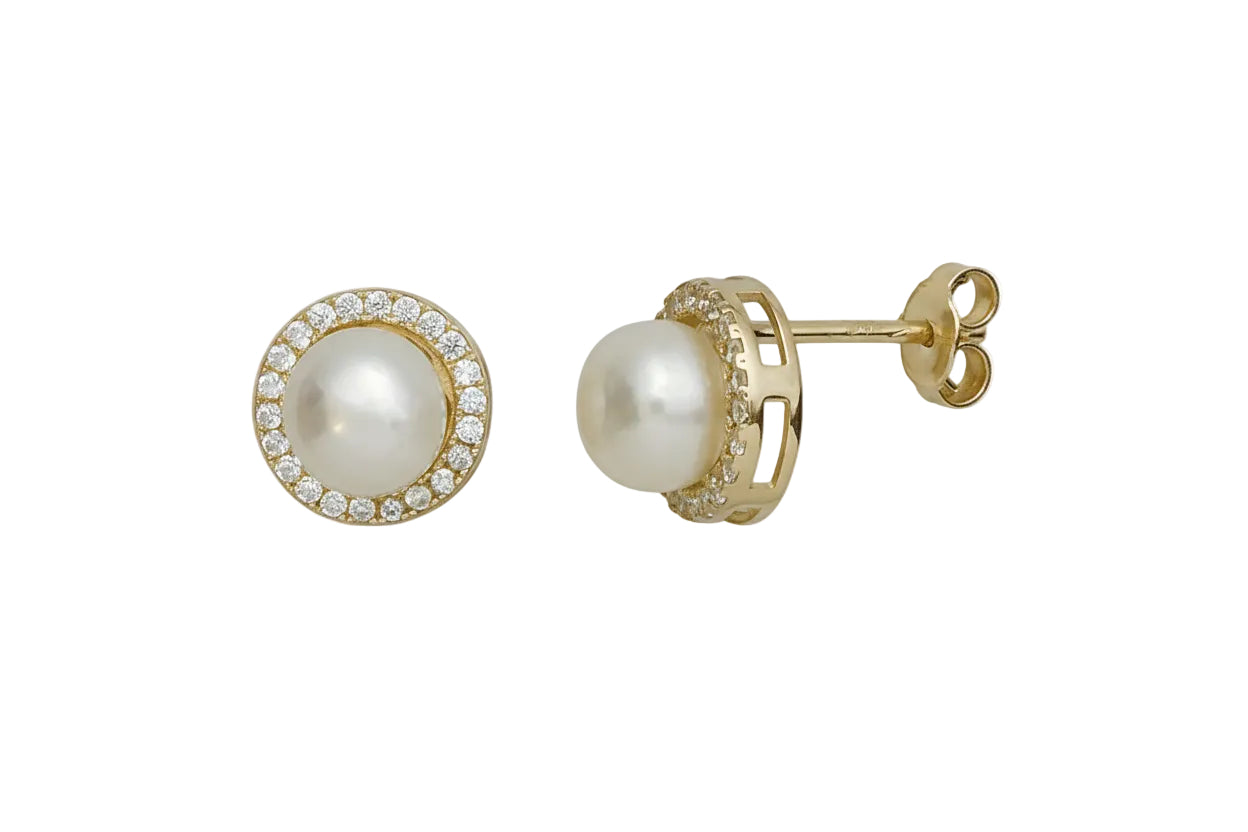 Χρυσά σκουλαρίκια μαργαριτάρι ροζέτα με λευκά ζιργκόν, Κ14