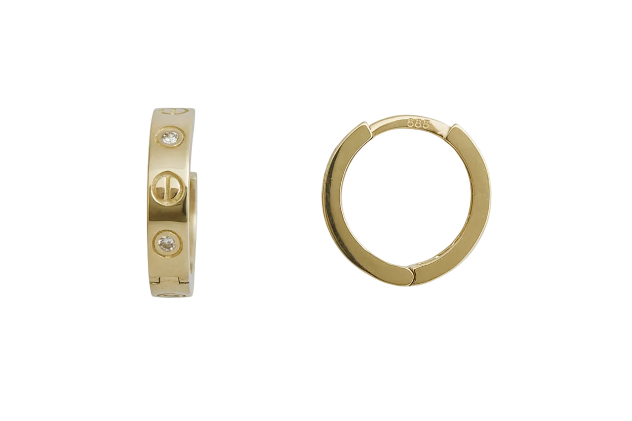 Χρυσά σκουλαρίκια κρίκοι τύπου Cartier με λευκά ζιργκόν, Κ14