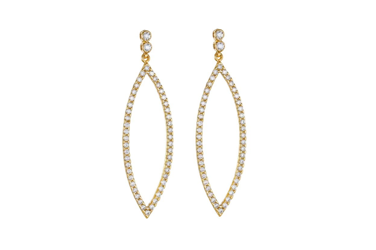 Χρυσά κρεμαστά σκουλαρίκια δάκρυ με λευκά ζιργκόν, Κ14