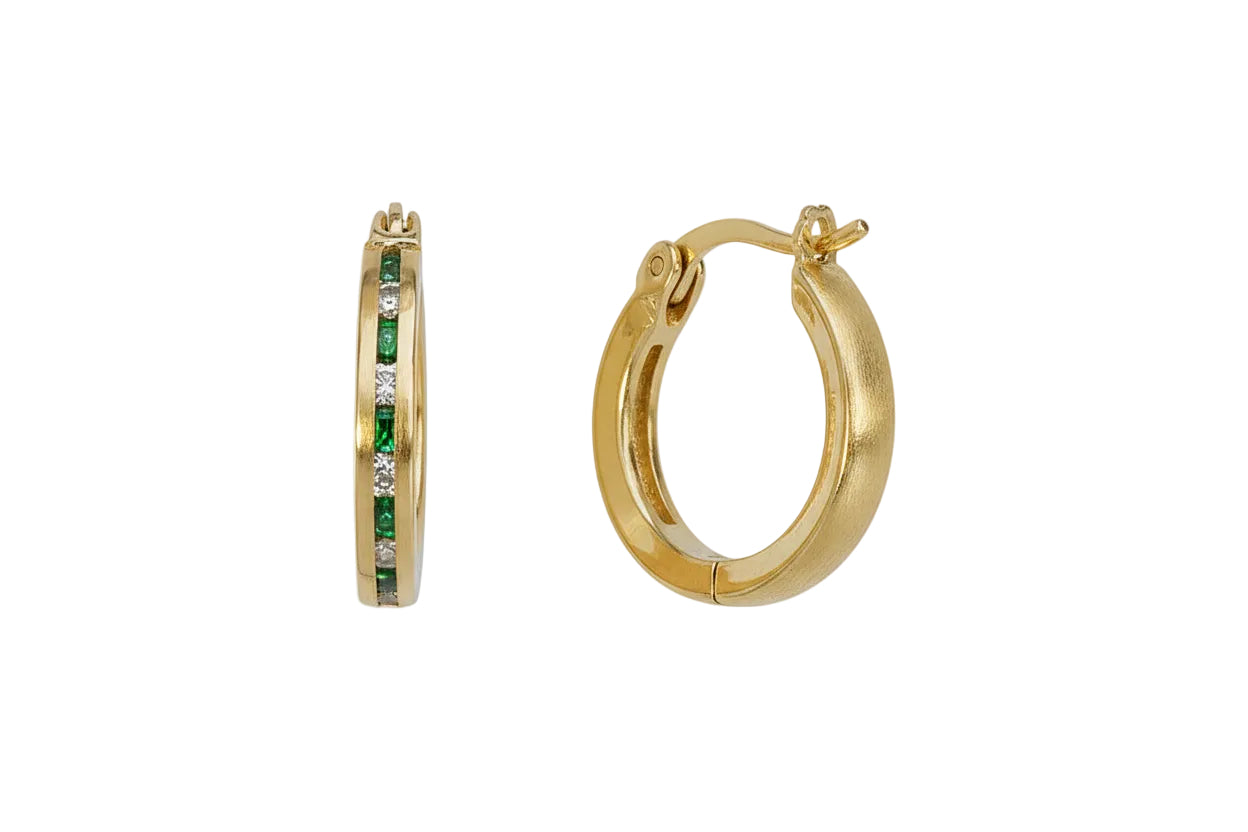 Χρυσά σκουλαρίκια κρίκοι με πράσινα και λευκά ζιργκόν, K14