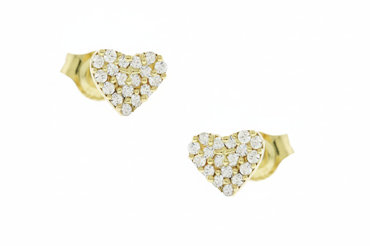 Women’s Stud Heart Earrings with White Zircon, 14K Gold