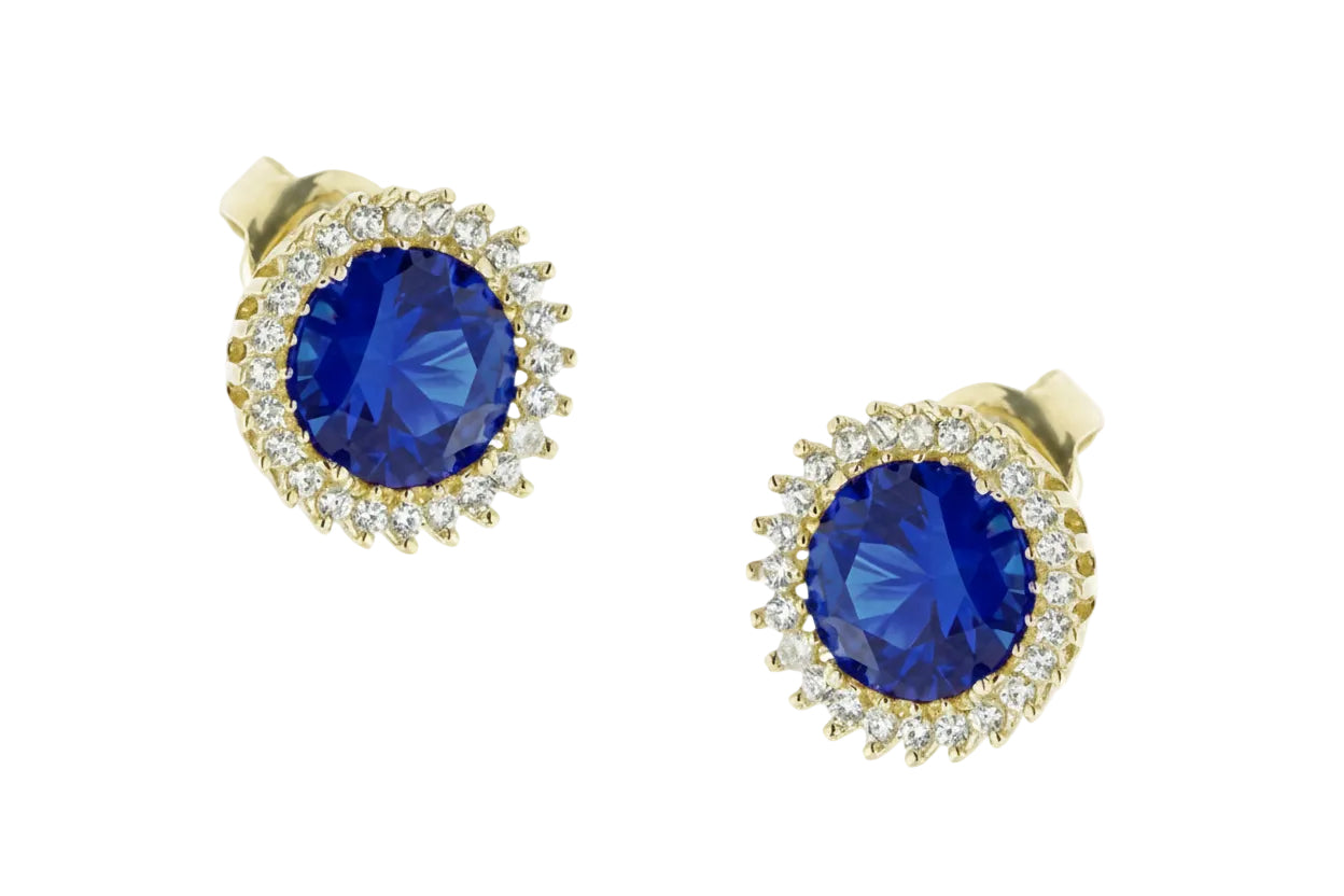 Χρυσά σκουλαρίκια μπλε ροζέτα με λευκά ζιργκόν, Κ14