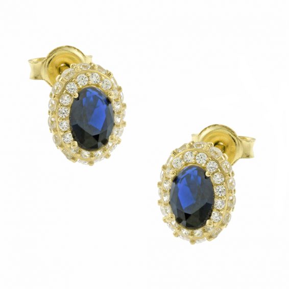 Χρυσά σκουλαρίκια μπλε ροζέτα οβάλ με λευκά ζιργκόν, Κ14