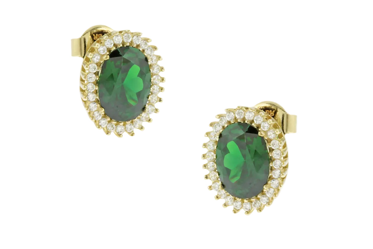 Gold Earrings with Green Rosette and White Zircon, 14K Gold