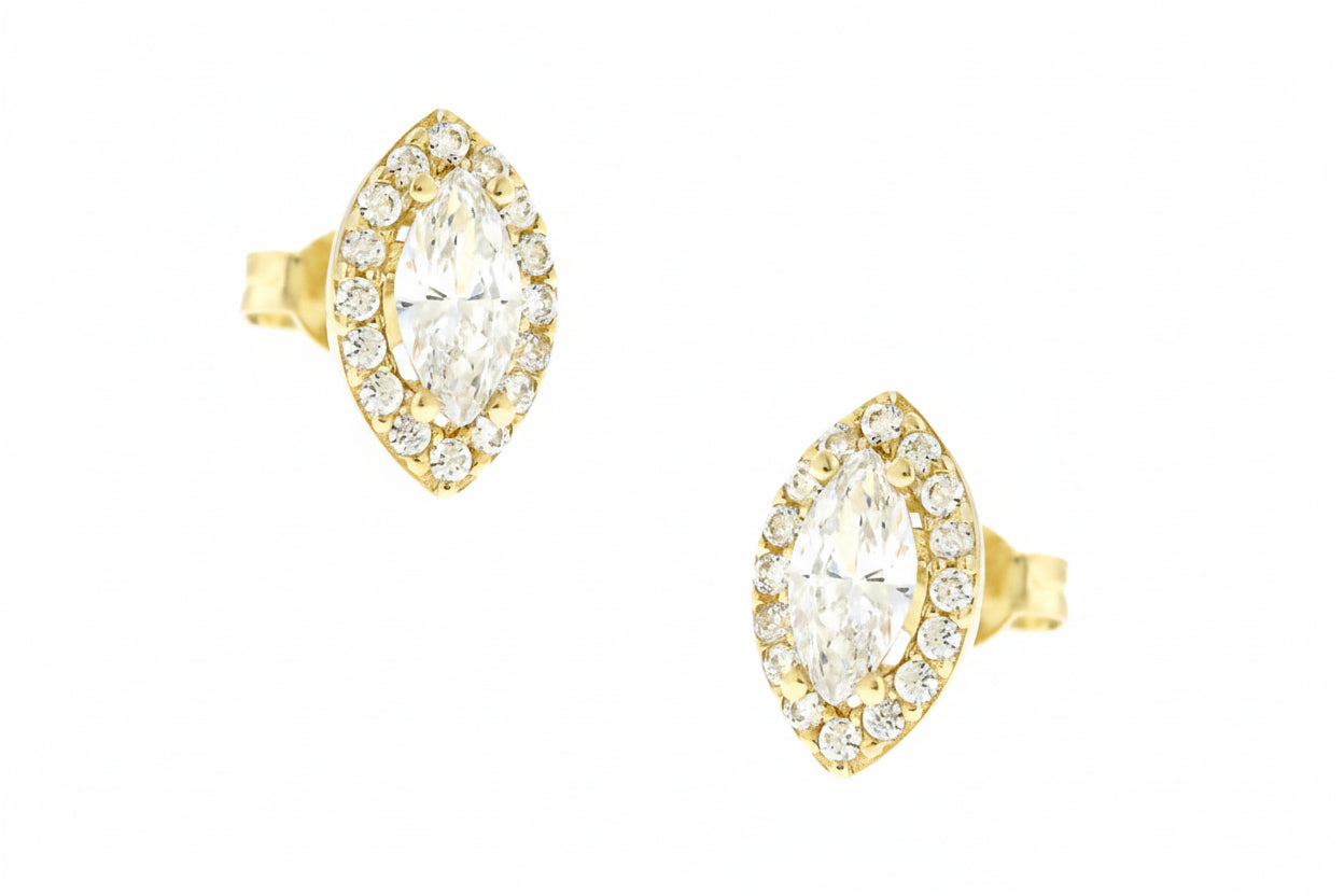 Gold Rosette Earrings with White Zircon, 14K Gold