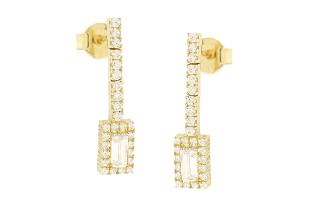 Χρυσά κρεμαστά σκουλαρίκια με λευκά ζιργκόν και μπαγιέτα στο κέντρο, Κ14