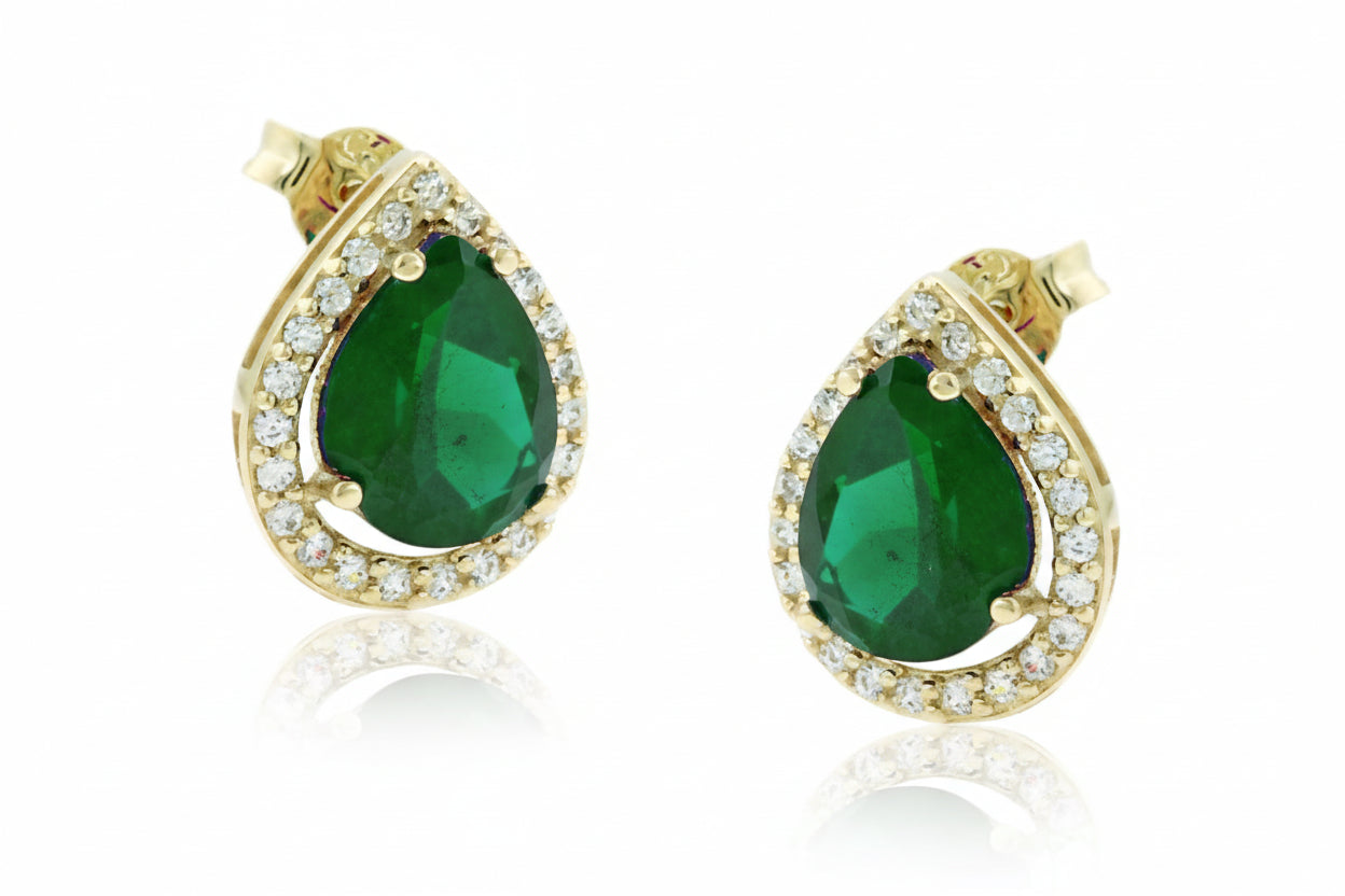 Gold Teardrop Rosette Earrings with Green Stone and White Zircon, 14K Gold
