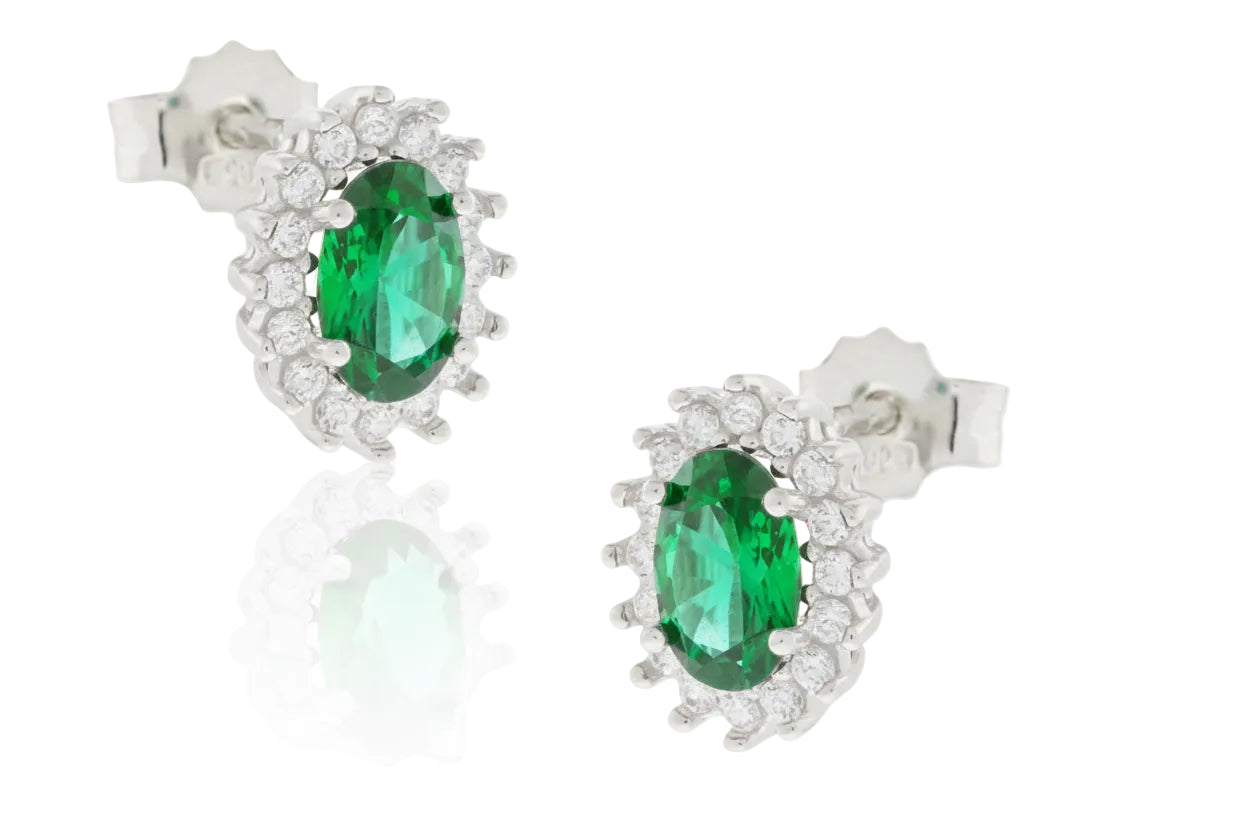 Gold Teardrop Rosette Earrings with Green Stone and White Zircon, 14K Gold
