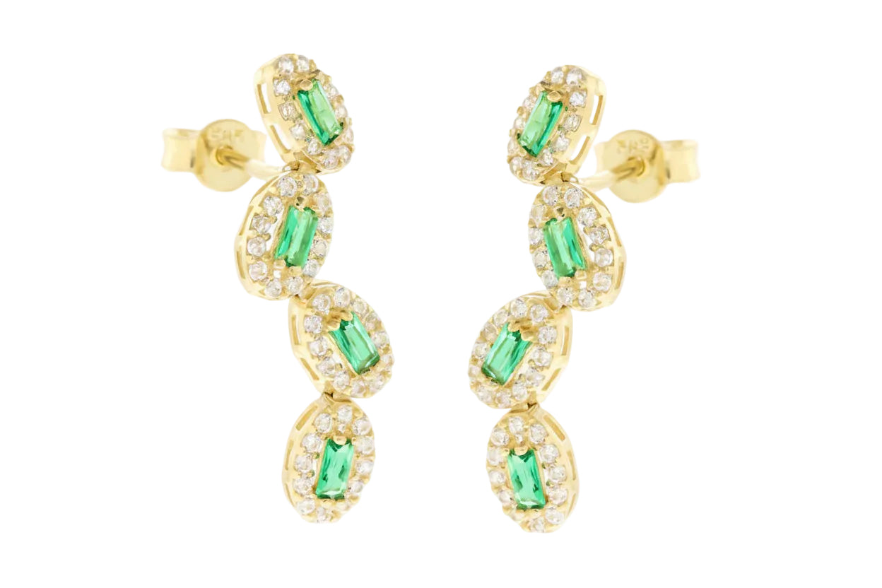 Χρυσά καρφωτά σκουλαρίκια πράσινες μπαγιέτες και λευκά ζιργκόν, Κ14