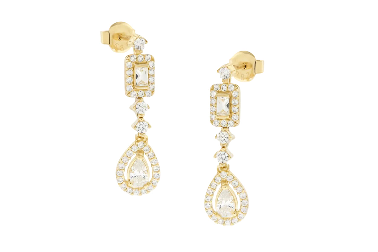 Gold Drop Earrings with White Baguette Stones and White Zircon, 14K Gold