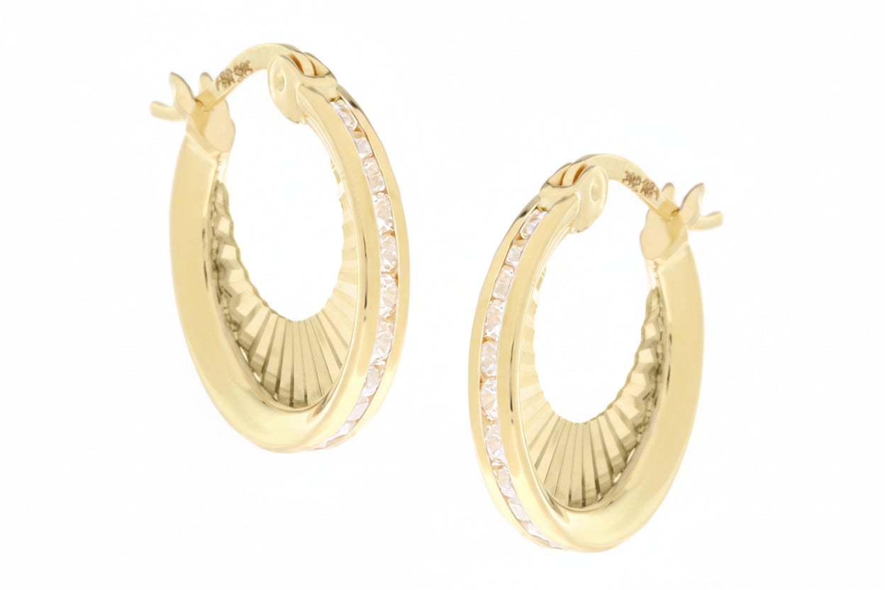Gold Hoop Earrings with White Zircon, 14K Gold