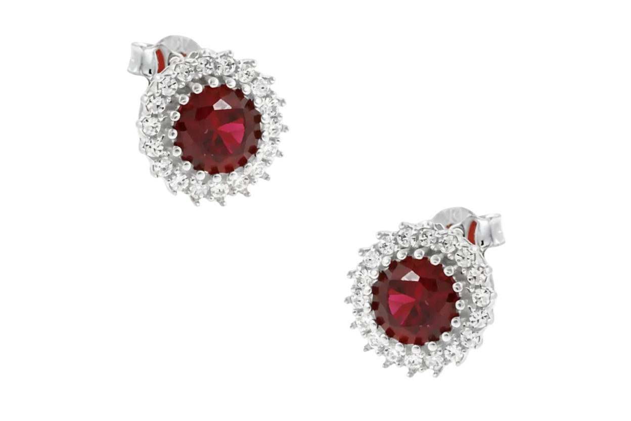 Σκουλαρίκια λευκόχρυσα σκούρο κόκκινο ροζέτα και λευκά ζιργκόν, Κ14