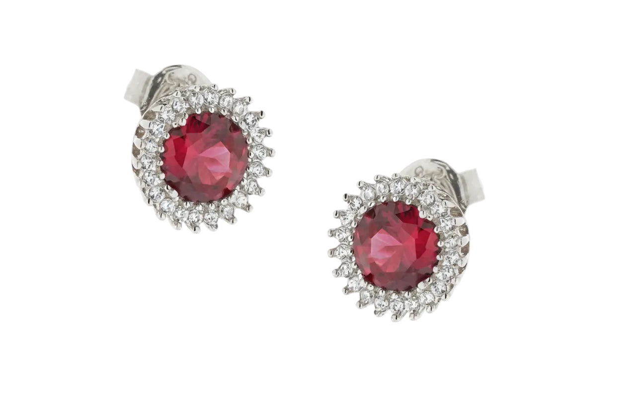 Σκουλαρίκια λευκόχρυσα με σκούρο κόκκινο ροζέτα και λευκά ζιργκόν, Κ14