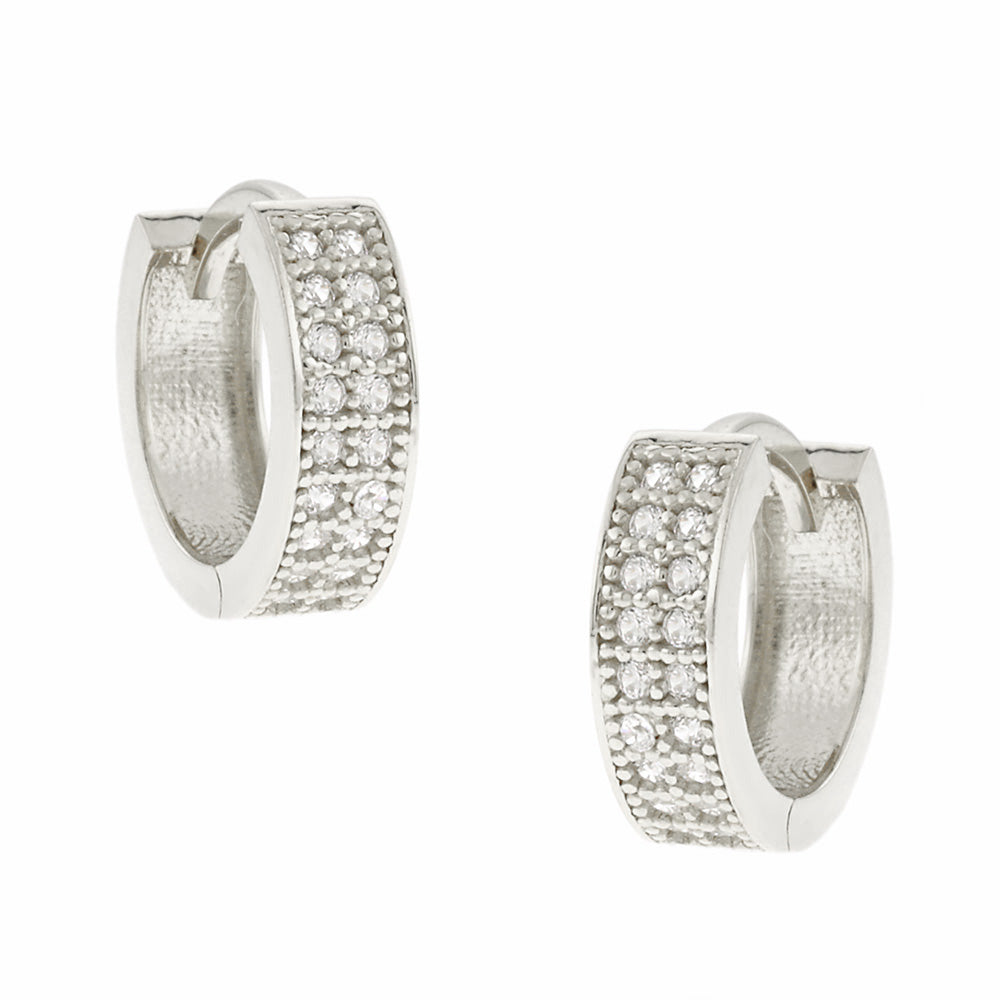 Σκουλαρίκια λευκόχρυσα κρίκοι με διπλή σειρά λευκά ζιργκόν, Κ14