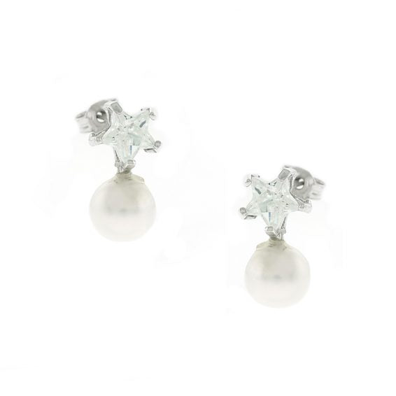Λευκόχρυσα σκουλαρίκια με λευκά ζιργκόν και πέρλα, Κ14