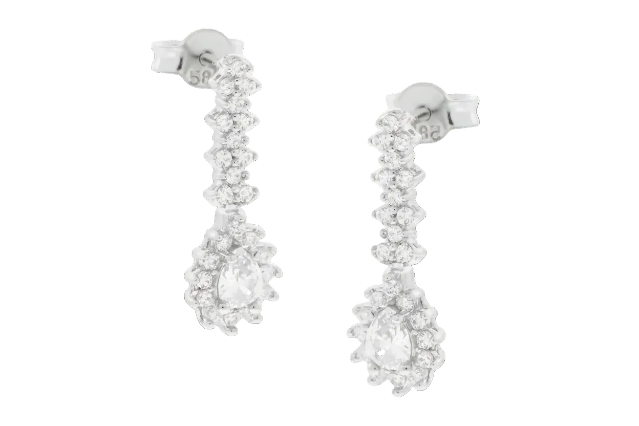 White Gold Drop Earrings with White Teardrop Rosette and White Zircon, 14K Gold