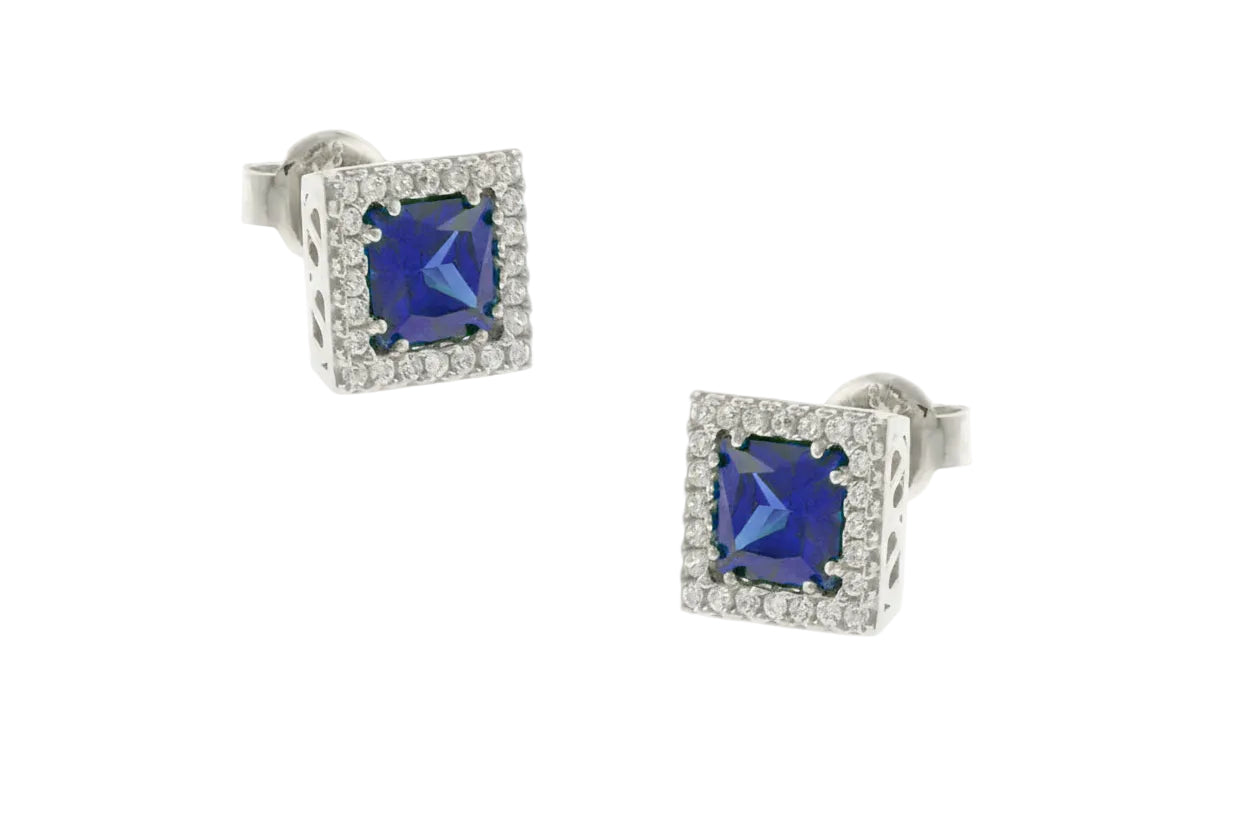 White Gold Stud Earrings with Square Blue Stone and White Zircon, 14K Gold