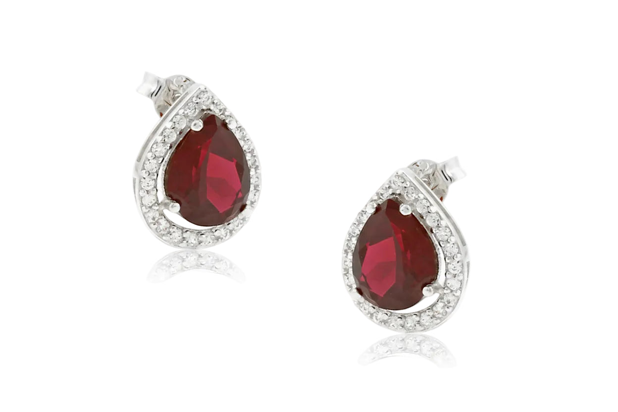 White Gold Teardrop Rosette Earrings with Red Stone and White Zircon, 14K Gold